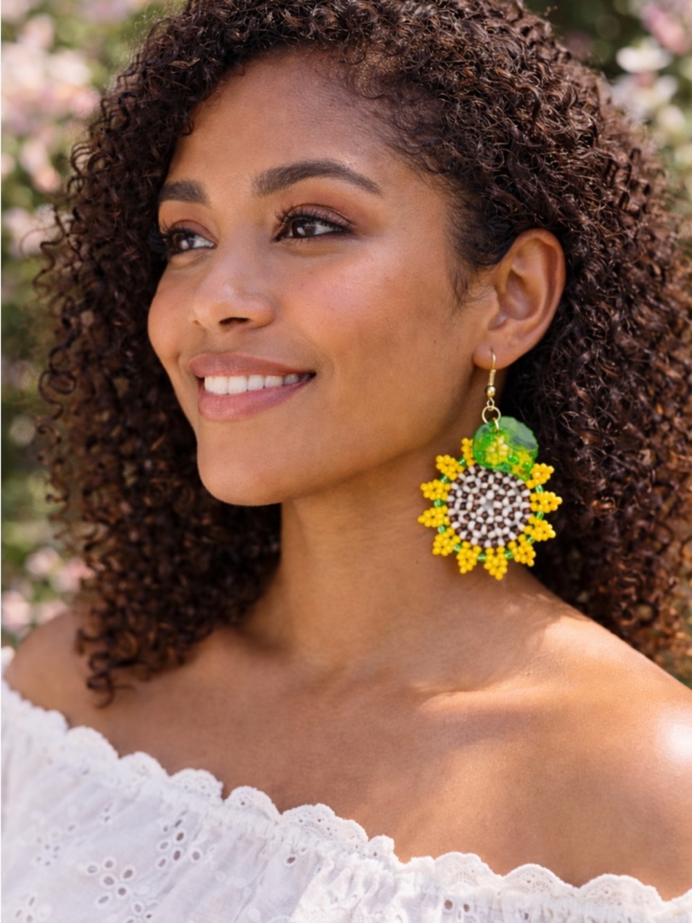Hand Crafted Yellow Sunflower Beaded Drop Earrings - Women Jewelry